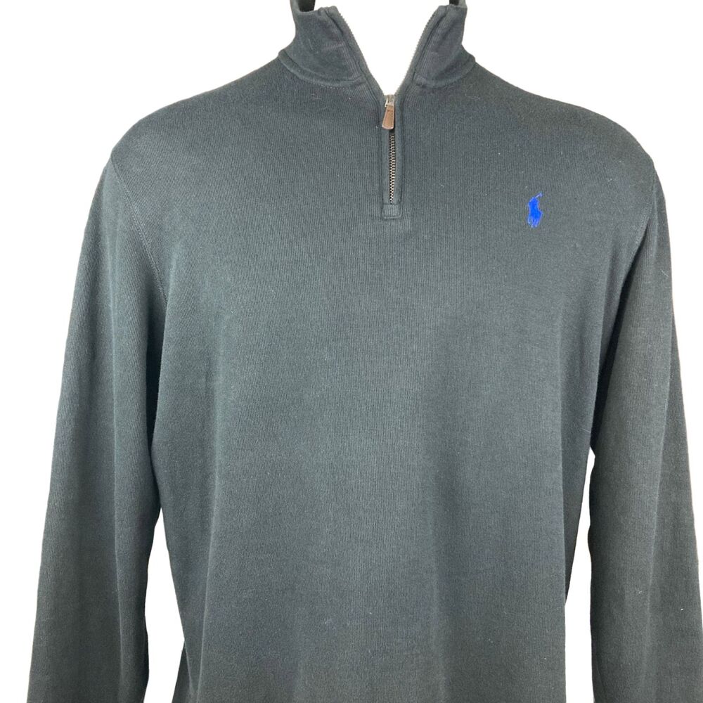 Polo Ralph Lauren Estate Rib Pullover Mens L Quarter Zip Sweater Black Blue Pony